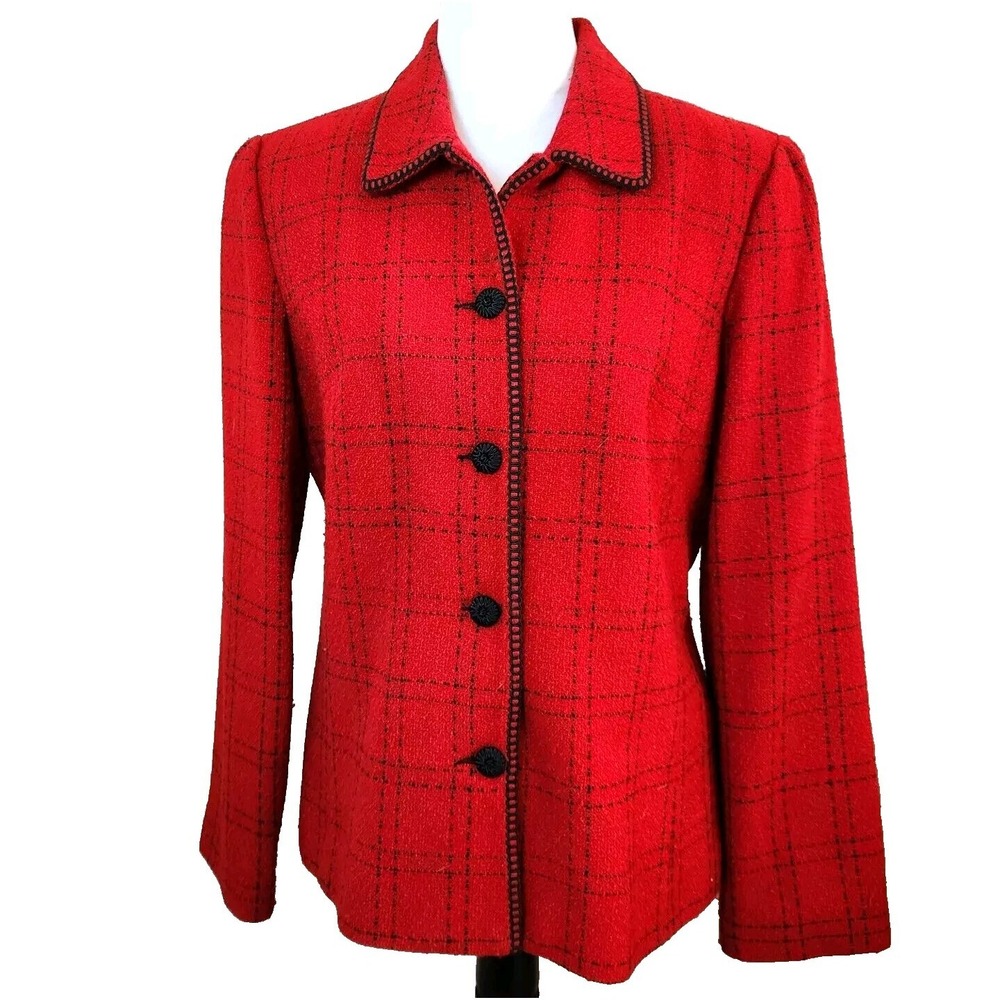 Talbots Acrylic Blend Blazer Womens Size 10 Red Black Plaid Check Suit Jacket